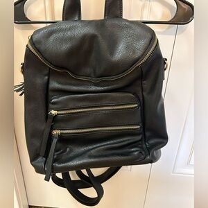 Black Leather Backpack with Gold Zippers